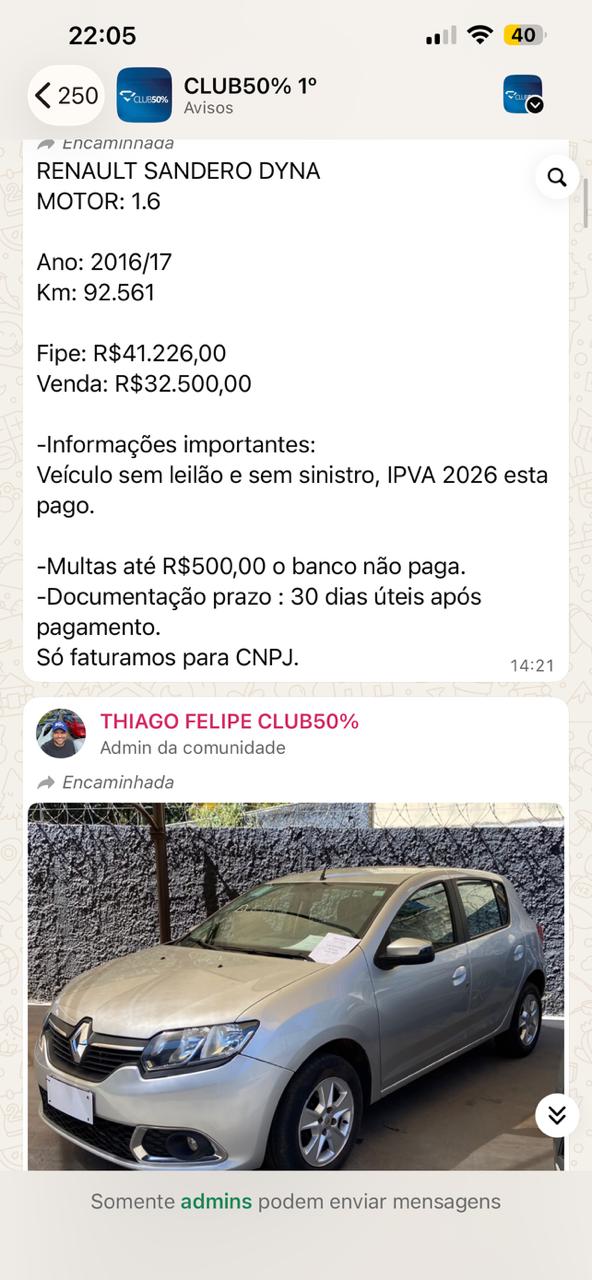 Anúncio de veículo no grupo CLUB50%